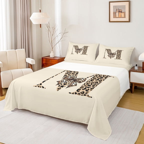 jejeloiu Fashion Leopard Print Bed Sheets,Bow Monogram M Print King Sheets For Kids Girls,4pcs