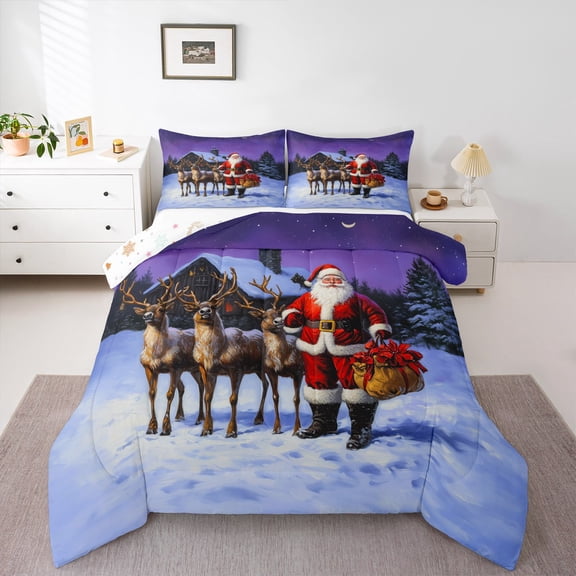 jejeloiu Father Christmas Queen Comforter Set,Xmas Reindeer Bedding Sets,Western Farmhous Lodge Bedding Comforter Set,Microfiber Bedroom Decor Reversible,3pcs
