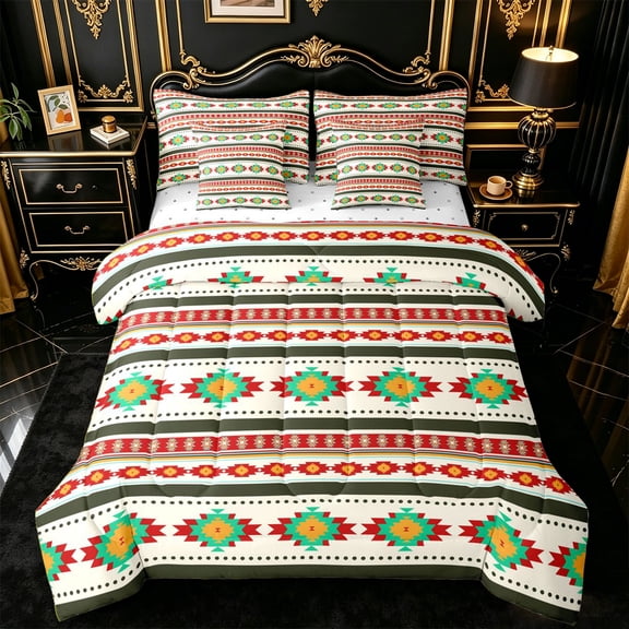 jejeloiu Festive Aztec 7pcs Queen Bedding For Men Women,Traditional Print Bedding Comforter Set Queen,Red Green,Reversible