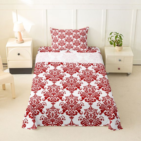 jejeloiu Festive Damask Twin Sheets For Girls,Bold Floral Bedding,Red White,3 Pieces,1 Fitted Sheet and 1 Pillowcase