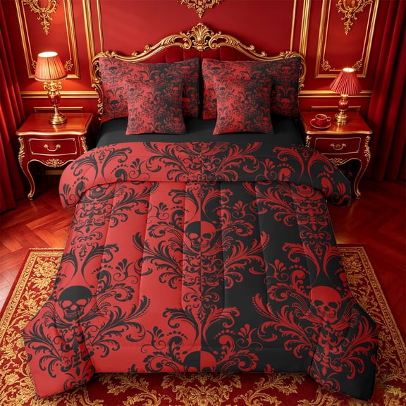 jejeloiu Fiery Skull 7pcs Queen Bedding,Dramatic Damask Bedding Comforter Set Queen For Adults,Red Black,Black Reversible