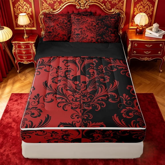 jejeloiu Fiery Skull Zipper Twin Comforter Sets with Fitted Sheet and 2 Pillowcases,Dramatic Damask Zipper Bedding Set For Adults,Red Black,Black Reversible,4 Pieces