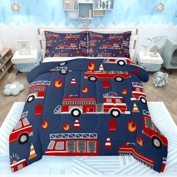 jejeloiu Fire Truck Bedding Comforter Set,Firefighter Theme Twin Comforter Sets,Deepblue Red Bedding Set For Boys Kids,Luxury Bedroom Decor Reversible,2-Piece
