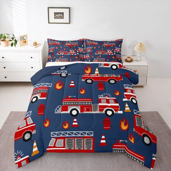 jejeloiu Fire Truck Full Size Comforter Sets,Firefighter Theme Bedding Comforter Set,Deepblue Red Bedding Sets For Boys Kids,Luxury Bedroom Decor Reversible,3 Pieces