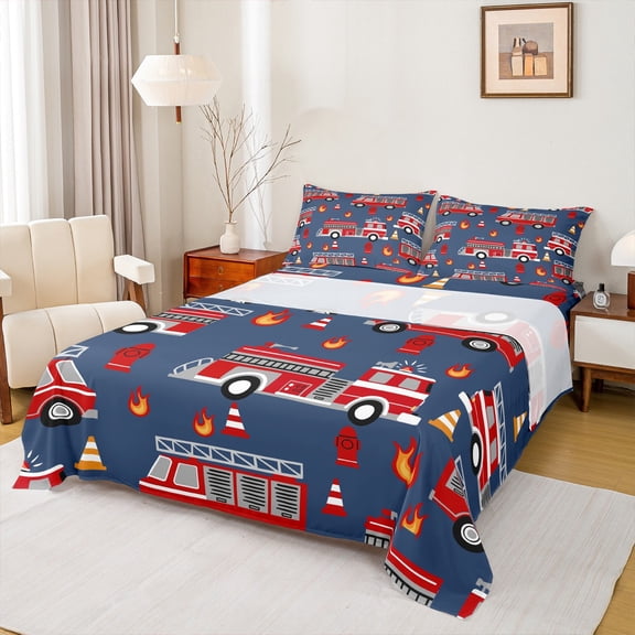 jejeloiu Fire Truck Twin Sheet Sets,Firefighter Theme Twin Fitted Sheet,Deepblue Red Flat Sheet For Boys Kids,Luxury Bedroom Decor,3-Piece