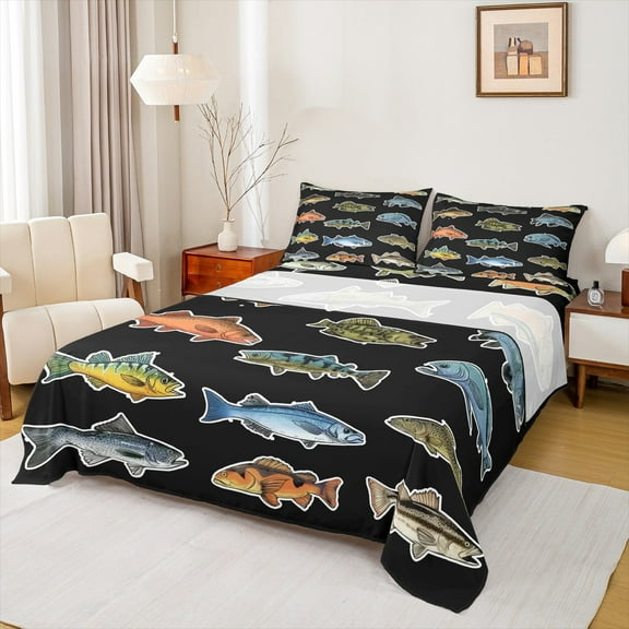 jejeloiu Fishing And Hunting Queen Sheet Sets,Rustic Farmhouse Cabin Flat Sheet,Colorful Lake Fish Queen Fitted Sheet For Teens Boys,Breathable Home Decor,4pcs