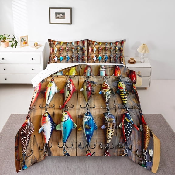 jejeloiu Fishing Lures Queen Comforter Set,Underocean Animal Bedding Sets,Watercolor Fish Bedding Comforter Set,Bedroom Decor Ultra Softation Reversible,3 Pieces