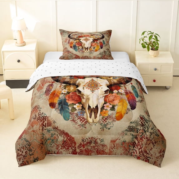 jejeloiu Floral Bull Skull Western Twin Comforter Sets Kids,Boho Farm Print Bedding Set,Reversible,2pcs