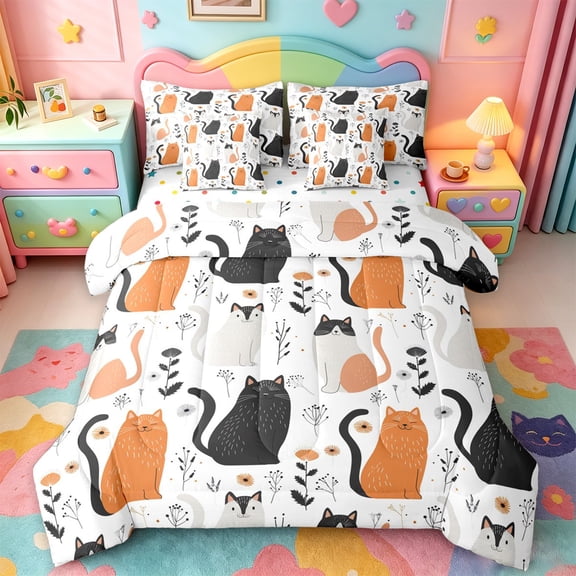 jejeloiu Floral Cat Pattern 7-Piece Twin Bedding Sets Kids,Minimal Kitten Print Bedding Comforter Set,Reversible