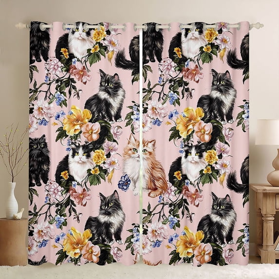 jejeloiu Floral Cat Pattern Black Out Curtains Kids,Colorful Rustic Flowers Curtains Pack of 2 (42x63 Each)