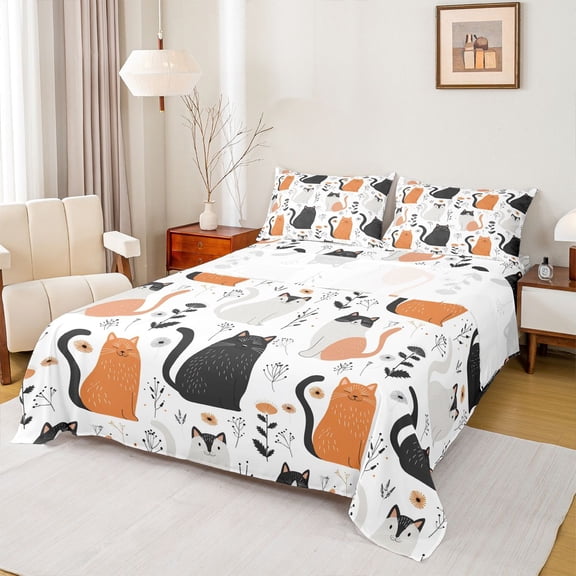 jejeloiu Floral Cat Pattern Queen Sheet Sets Kids,Minimal Kitten Print Bed Set,4 Pieces