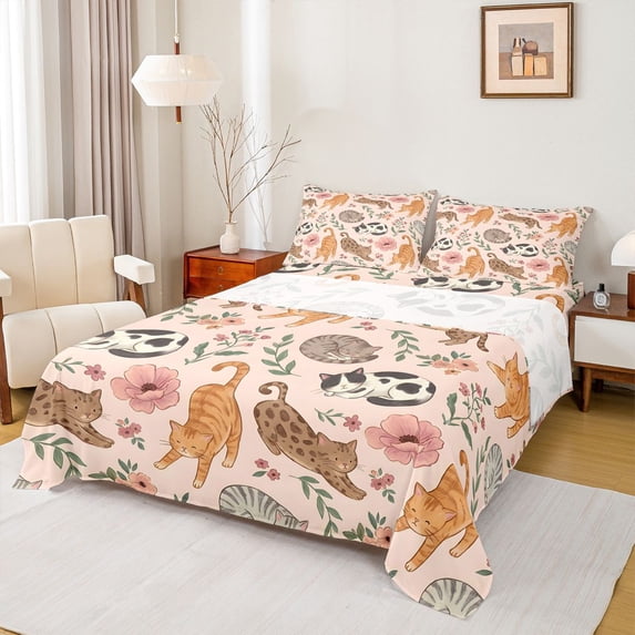 jejeloiu Floral Cat Pattern Queen Sheet Sets Kids,Pink Rustic Flower Bed Set,4pcs