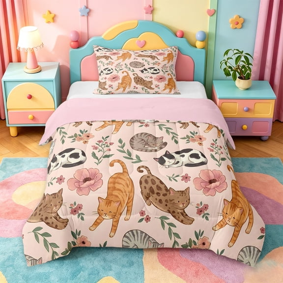 jejeloiu Floral Cat Pattern Twin Comforter Sets Kids,Pink Rustic Flower Bedding Set,Reversible,2-Piece