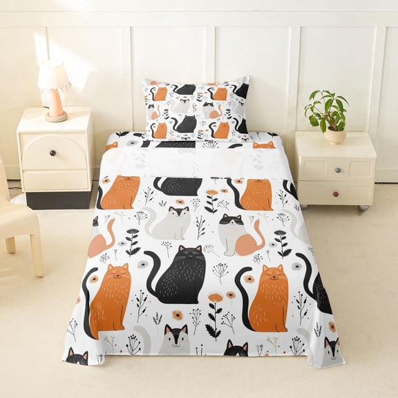 jejeloiu Floral Cat Pattern Twin Sheet Sets Kids,Minimal Kitten Print Bedding,3pcs