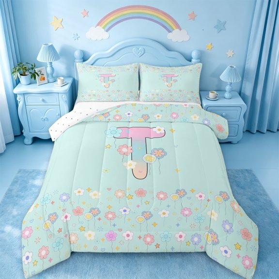 jejeloiu Floral Gradient Initial T Full Size Comforter Sets For Girls,Pastel Rainbow Monogram Art Bedding Sets For Kids,Reversible,3 Pieces