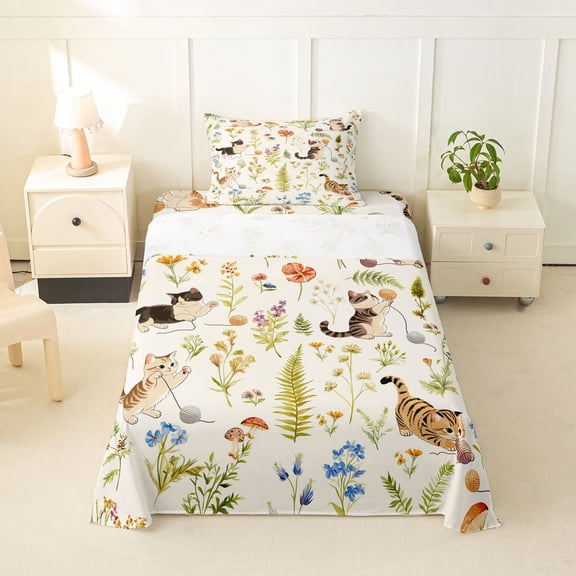 jejeloiu Floral Kitten Pattern Twin Sheet Sets Kids,Nature Print Bedding,3pcs
