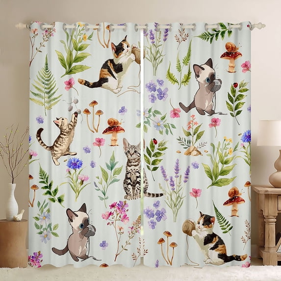 jejeloiu Floral Kitten Woodland Blackout Curtains Set of 2 (52x84 Each) For Kids,Watercolor Cat Pattern Window Curtains For Girl