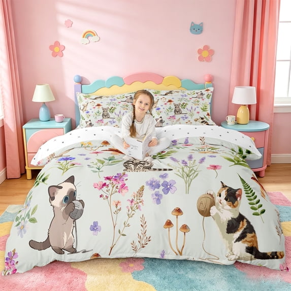 jejeloiu Floral Kitten Woodland Queen Duvet Cover Set For Kids,Watercolor Cat Pattern Bedding For Girl,Reversible,3 Pieces(No Comforter)