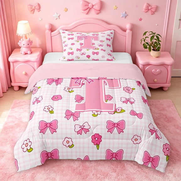 jejeloiu Floral Pink Monogrammed T Twin Comforter Sets For Girls,Dreamy Princess Style Bedding Set,Pink Reversible,2 Pieces