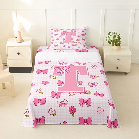 jejeloiu Floral Pink Monogrammed T Twin Sheet Sets For Girls,Dreamy Princess Style Bedding,3 Pieces