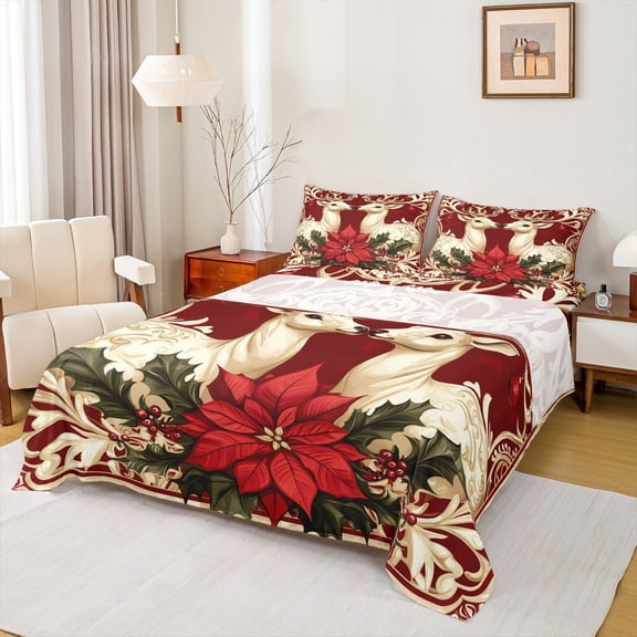 jejeloiu Floral Xmas Twin 3-Piece Reversible Kids Microfiber Deer Holiday Sheet Set