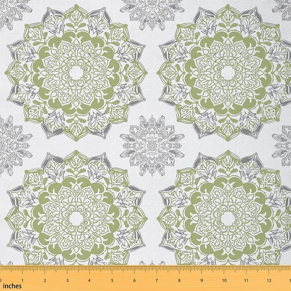 jejeloiu Flower Aesthetic Fabric by the Yard 10 Yards,Retro Mandala Pattern Room Decor Fabric by the Yard,Green White Gray Sewing Fabric For Teens,Luxury Bedroom Decor