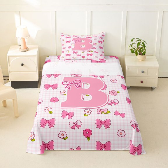 jejeloiu Flower Bow Initial B Twin Sheet Sets For Girls,Pink Geometric Plaid Bedding,3 Pieces