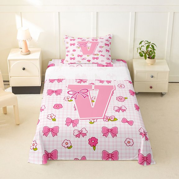 jejeloiu Flower Bow tie Initial V Twin Sheet Sets For Girls,Pink Geometric Plaid Bedding,3-Piece