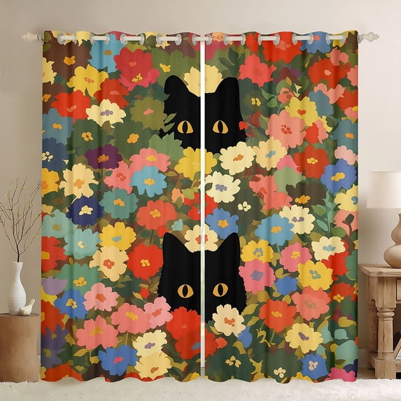 jejeloiu Flower Cat Pattern Blackout Curtains Set of 2 (52x84 Each) Kids,Cartoon Floral Cute Print Window Curtains
