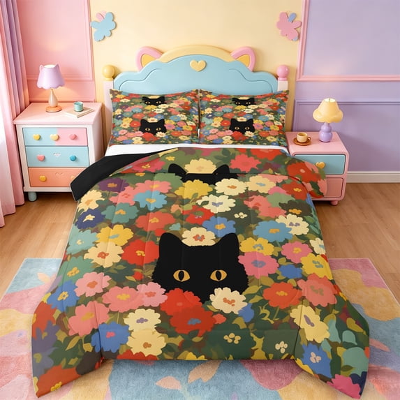 jejeloiu Flower Cat Pattern Full Size Comforter Sets Kids,Cartoon Floral Cute Print Bedding Sets,Reversible,3 Pieces