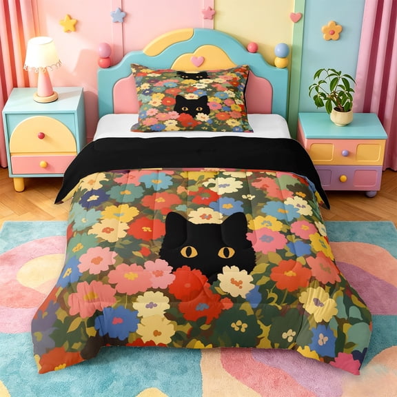 jejeloiu Flower Cat Pattern Twin Comforter Sets Kids,Cartoon Floral Cute Print Bedding Set,Reversible,2-Piece