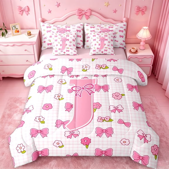 jejeloiu Flower Pink Monogrammed J 7-Piece Twin Bedding Sets For Girls,Dreamy Princess Style Bedding Comforter Set,Pink Reversible