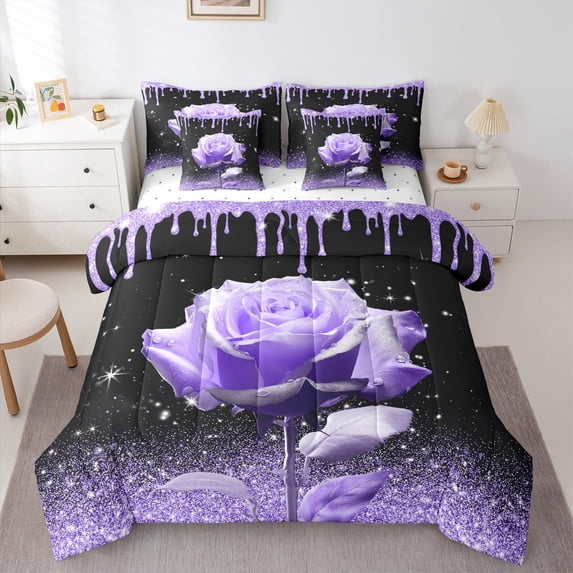 jejeloiu Flower Rose Twin Bedding Sets 7-Piece,Glitter Print Bedding Comforter Set,Purple Black Sheet Sets For Girls,Lightweight Room Decorative