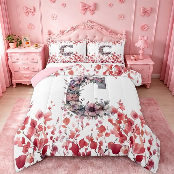 Catabedysis Flowers Alphabet Print Full Size Comforter Sets For Girls,Vintage Floral Letter C Design Bedding Comforter Set,Pink Reversible,3pcs,1 Comforter and 2 Pillowcases
