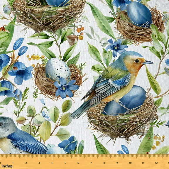 jejeloiu Fly Animal Bird Fabric by the Yard 1 Yard,Country Flower Leaves Home Decor Fabric by the Yard,Blue Green White Sewing Fabric For Child,Breathable Home Decor
