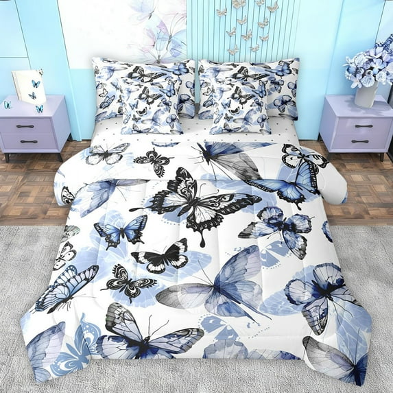 jejeloiu Flying Animal Butterflies 7 Pieces Bedding Comforter Set,Ink Painting Aesthetic Full Bedding Set,White Gray Blue Fitted Sheet Flat Sheet For Girls,Breathable Home Decor Reversible