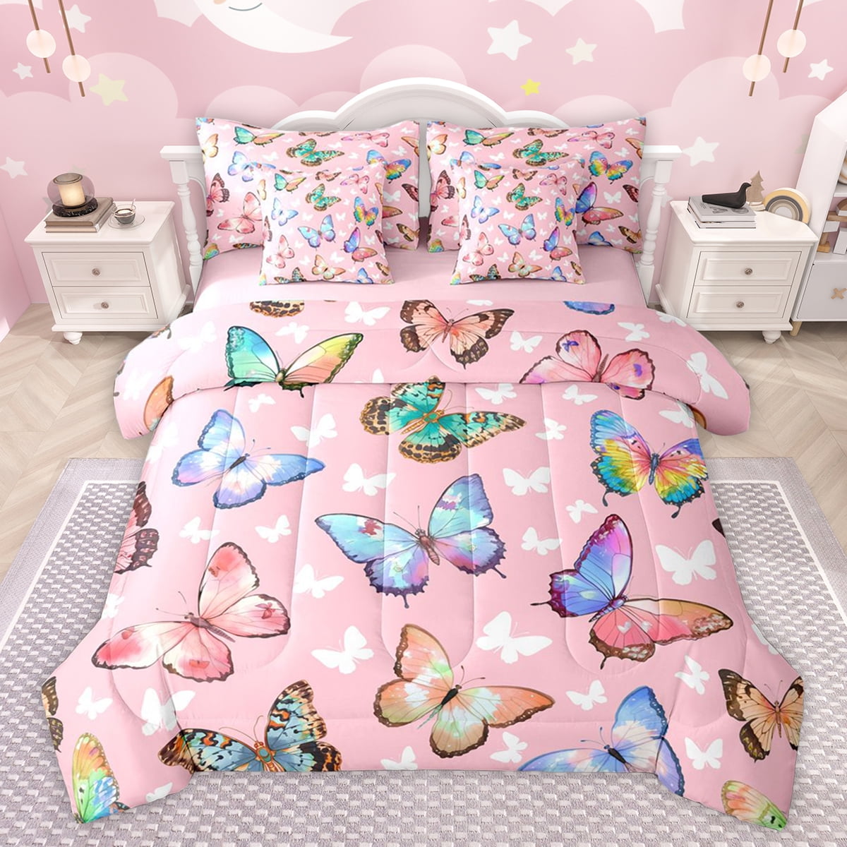 jejeloiu Flying Butterfly 7-Piece Twin Bedding Sets,Cute Multicolor Butterflies Bedding Comforter Set,Colorful Animals Sheet Sets For Girl,Ultra Soft Home Decor Reversible
