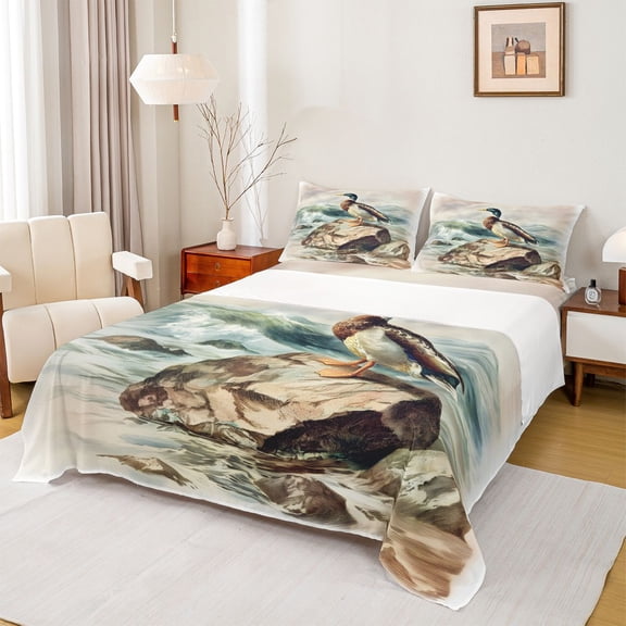 jejeloiu Flying Mallard Duck Bed Sheets,Wild Animal King Sheets,Natural Scenery Sheet Set For Kids,Breathable Home Decor,4 Pieces