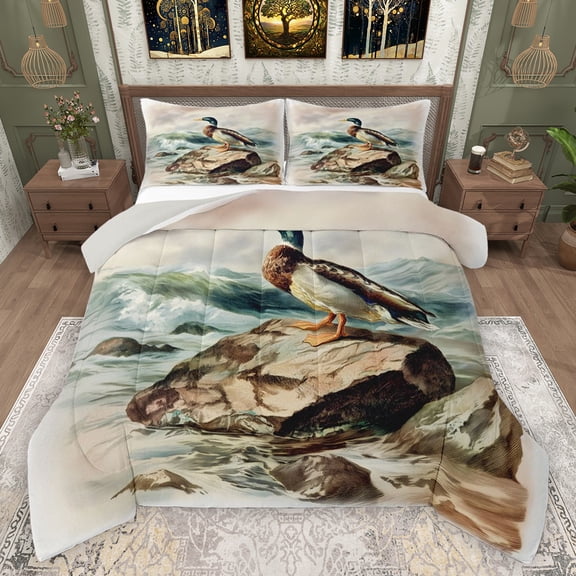 jejeloiu Flying Mallard Duck Queen Comforter Set,Wild Animal Bedding Sets,Natural Scenery Bedding Comforter Set For Kids,Breathable Home Decor Reversible,3-Piece