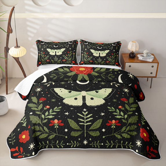 jejeloiu Folk Floral Moth Twin Quilt Set For Girls,Botanical Pattern Twin Coverlet Set,Black Red Green,2 Pieces