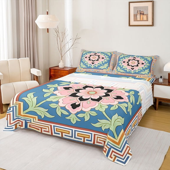 jejeloiu Folk Floral Queen Sheets For Men Women,Retro Print Queen Sheet Sets,Blue Pink Green,4 Pieces,1 Flat Sheet, 1 Fitted Sheet and 2 Pillowcases