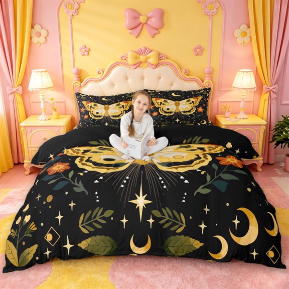 jejeloiu Folk Moth Bedding For Girls,Floral Pattern Duvet Cover Full,Black Yellow Orange,Black Reversible,3 Pieces,1 Duvet Cover and 2 Pillowcases