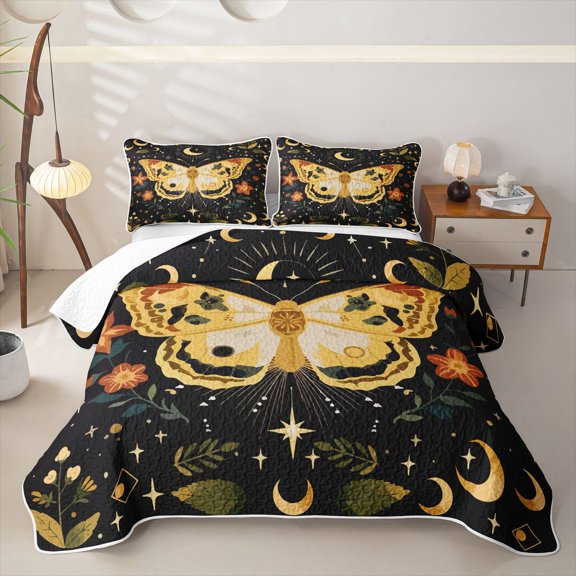 jejeloiu Folk Moth Twin Quilt Set For Girls,Floral Pattern Twin Coverlet Set,Black Yellow Orange,2pcs