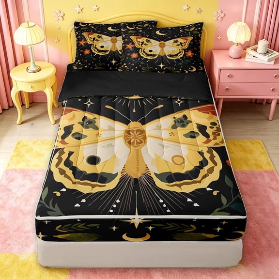 jejeloiu Folk Moth Zipper Twin Comforter Sets with Fitted Sheet and 2 Pillowcases For Girls,Floral Pattern Zipper Bedding Set,Black Yellow Orange,Black Reversible,4 Pieces