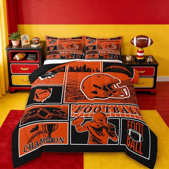 jejeloiu Football City Silhouette Twin Comforter Sets,Orange Black Grid Bedding Set For Rugby Gamer Reversible 2pcs