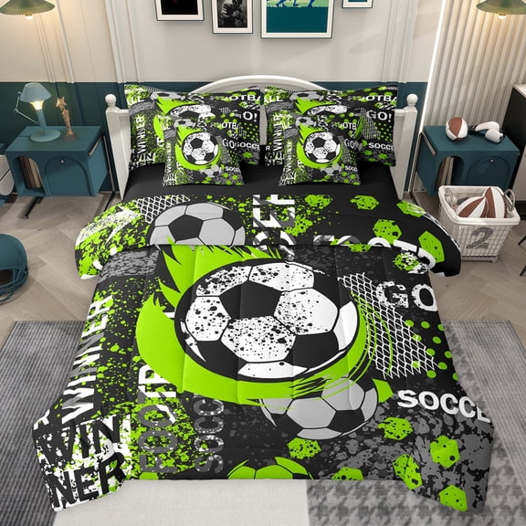jejeloiu Football Game 7-Piece Bedding Comforter Set,Soccer Sport Theme King Bedding Sets,Green Black Splashing Ink Bed Sheets For Boys Kids,Super Cozy Room Decor Reversible