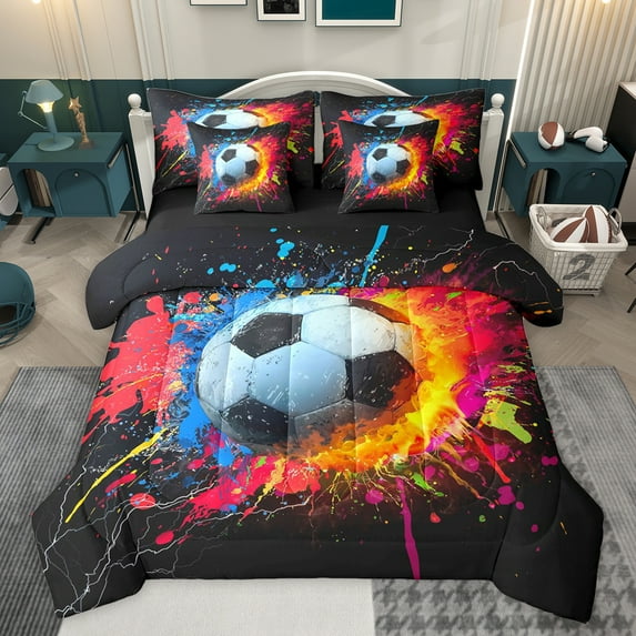 jejeloiu Football Game 7-Piece Bedding Comforter Set,Soccer Sport Theme King Bedding Sets,Oil Painting Aesthetic Bed Sheets For Boys Kids,Microfiber Bedroom Decor Reversible