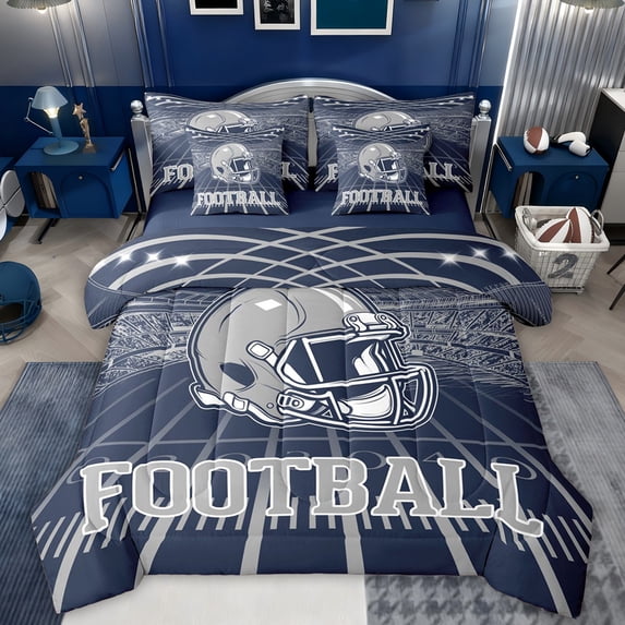 jejeloiu Football Game 7pcs Bedding Comforter Set,Gray Deepblue Queen Bedding Sets For Teens Reversible