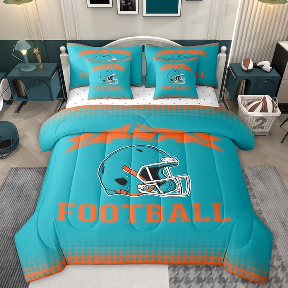 jejeloiu Football Game Gaming 7-Piece Bedding Comforter Set,Cyan Rugby Helmet King Bedding Sets For Ball Lover Reversible