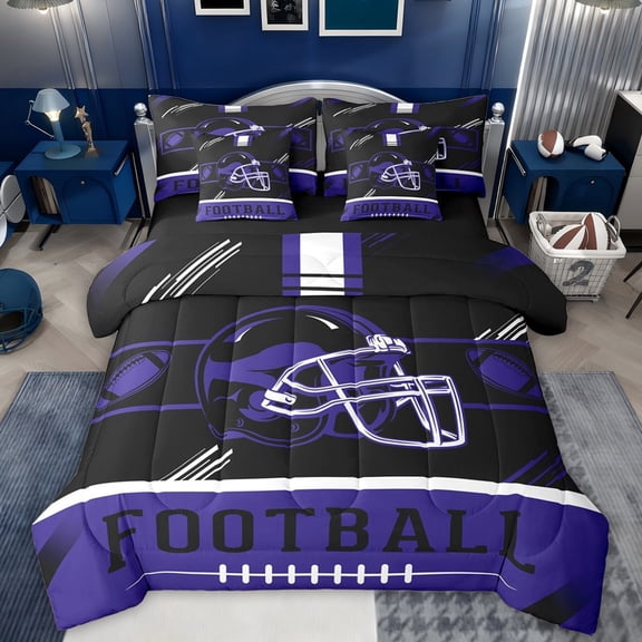 jejeloiu Football Game Gaming 7-Piece Twin Bedding Sets,Purple Black Helmet Bedding Comforter Set For Ball Lover Reversible